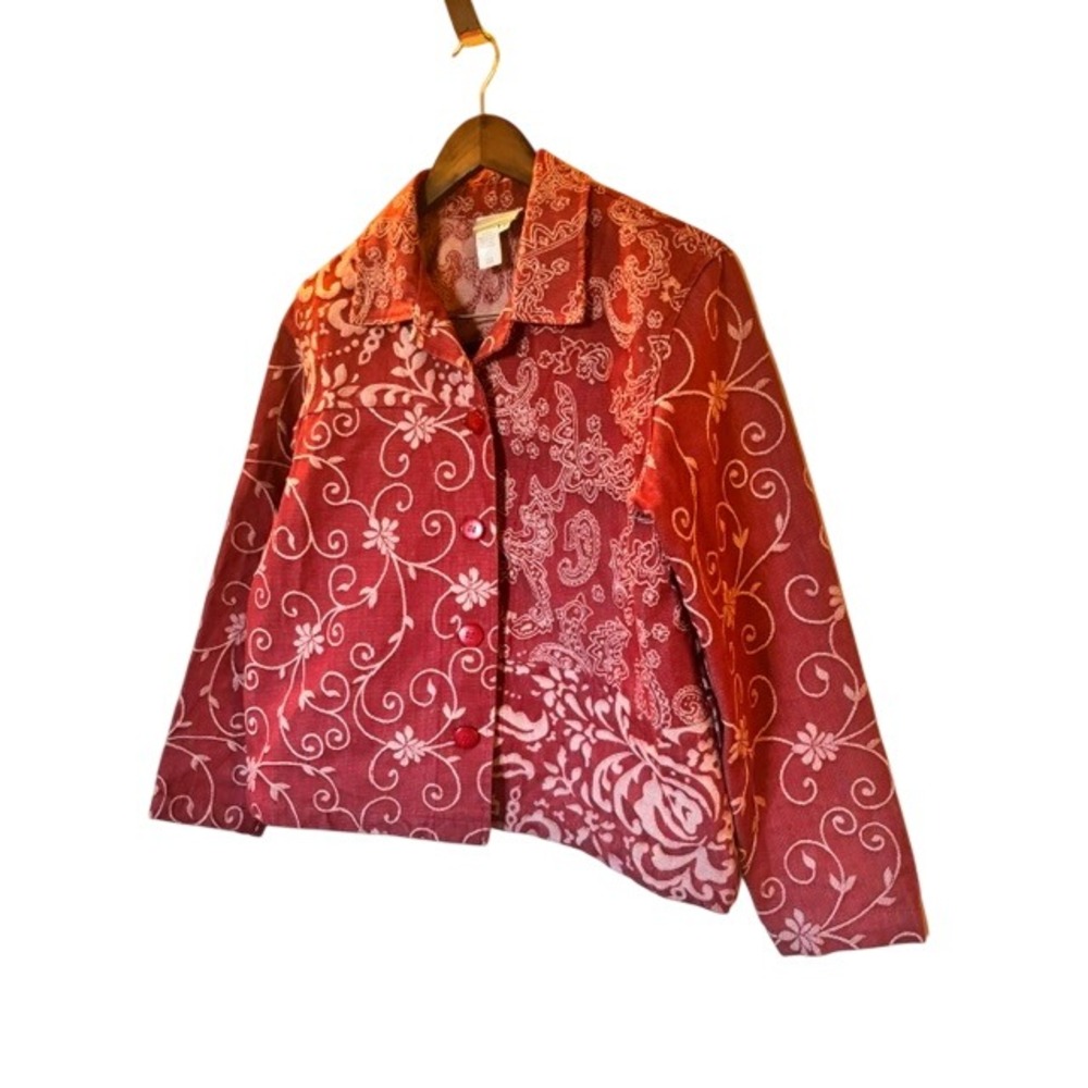 Vintage Coldwater Creek Red Paisley Jacquard Button Front Jacket Women's M USA